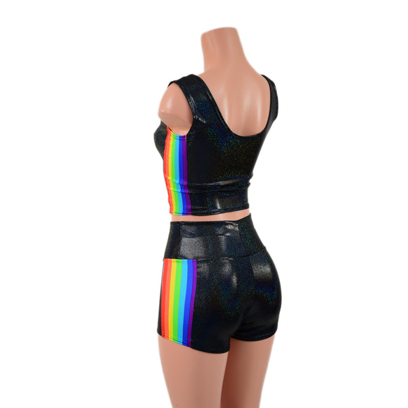 Black Holographic Crop Tank and High Waist Shorts Set with Retro Rainbow Side Panels