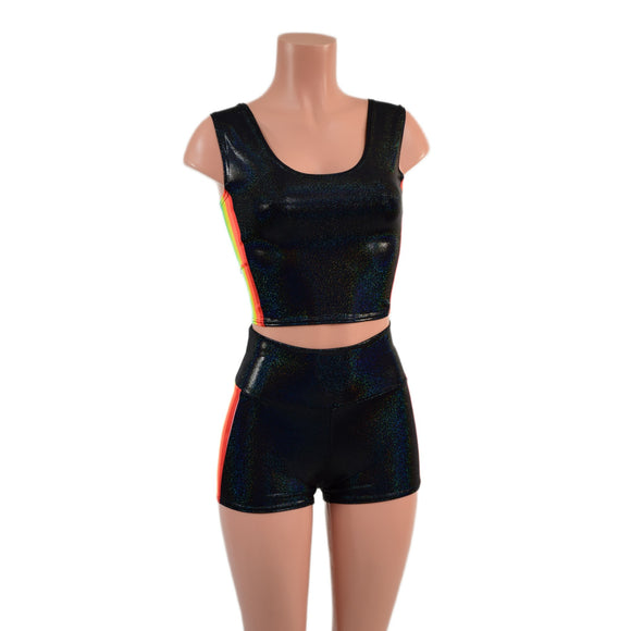 Black Holographic Crop Tank and High Waist Shorts Set with Retro Rainbow Side Panels