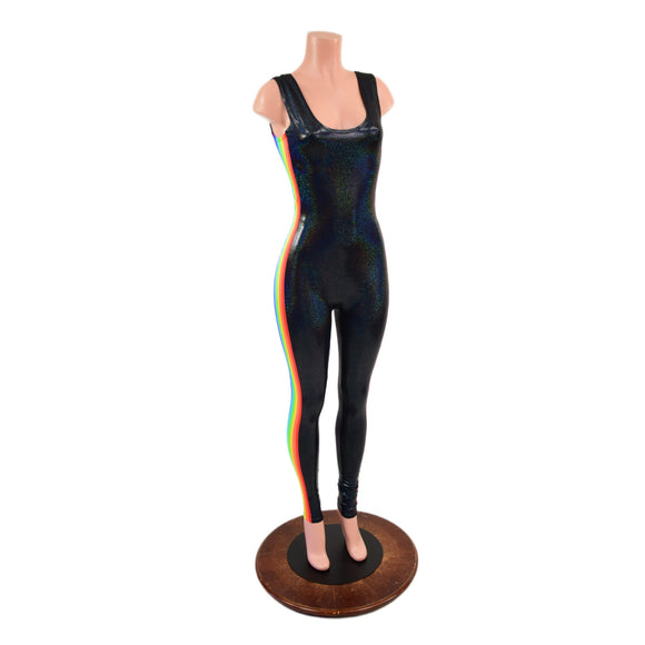 Retro Rainbow Striped Tank Style Catsuit in Black Holographic
