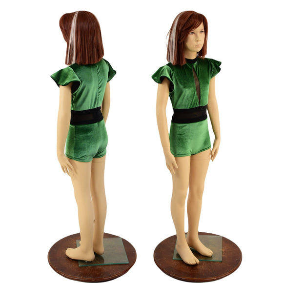 Girls Green Velvet Romper with Inset Keyhole and Mesh Waistband - Coquetry Clothing