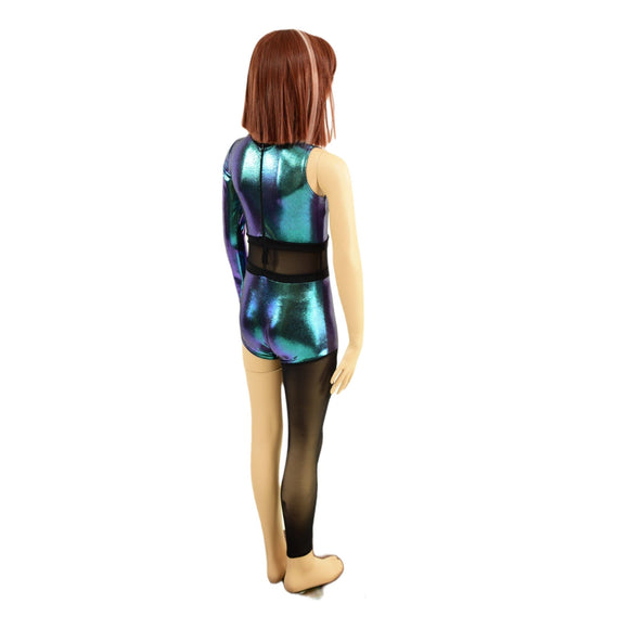 Girls Scarab Asymmetrical Catsuit with Mesh Leg, and Inset Mesh Keyhole - Coquetry Clothing