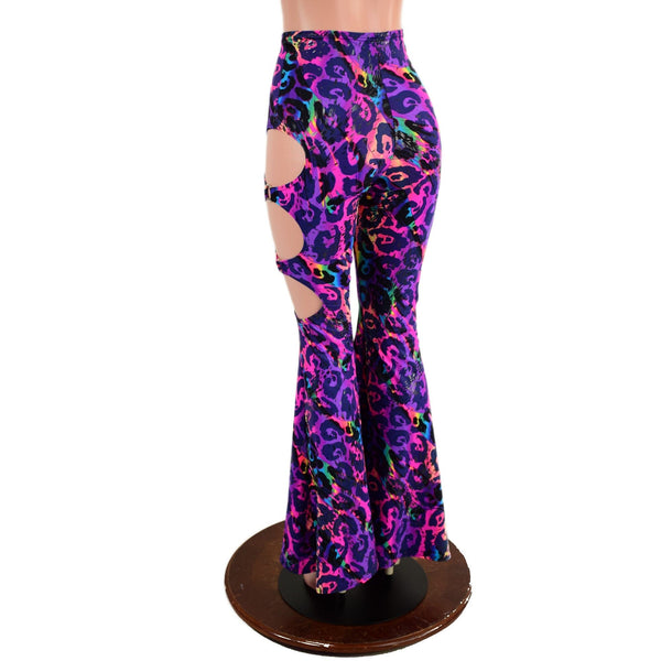 Rainbow Leopard High Waist Solar Flares with Laceup and Oring Cutouts - 4