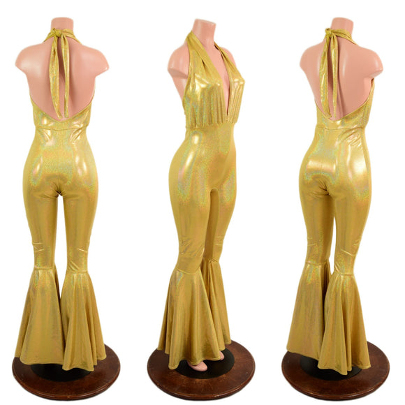 Josie Catsuit with Bell Bottom Flares in Gold Sparkly Jewel - Coquetry Clothing