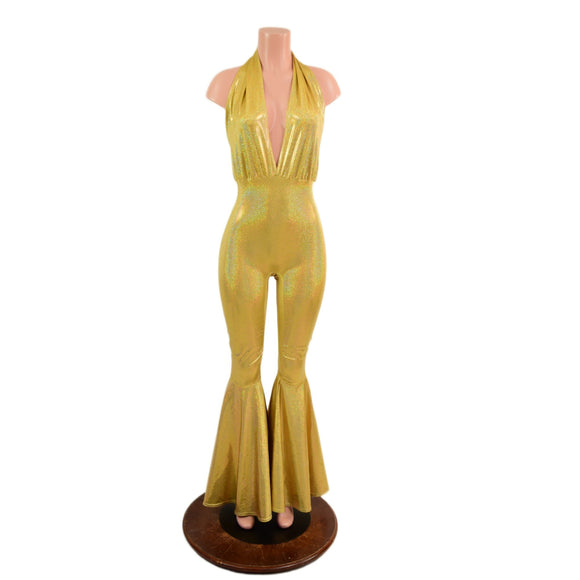 Josie Catsuit with Bell Bottom Flares in Gold Sparkly Jewel - Coquetry Clothing