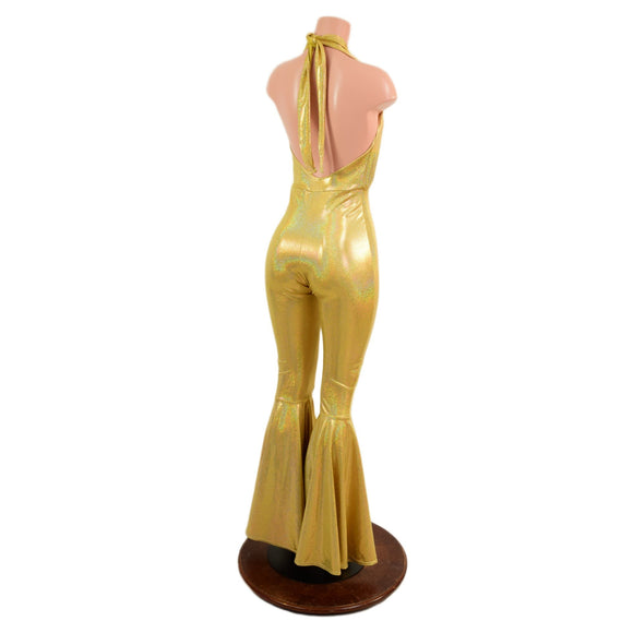 Josie Catsuit with Bell Bottom Flares in Gold Sparkly Jewel - Coquetry Clothing
