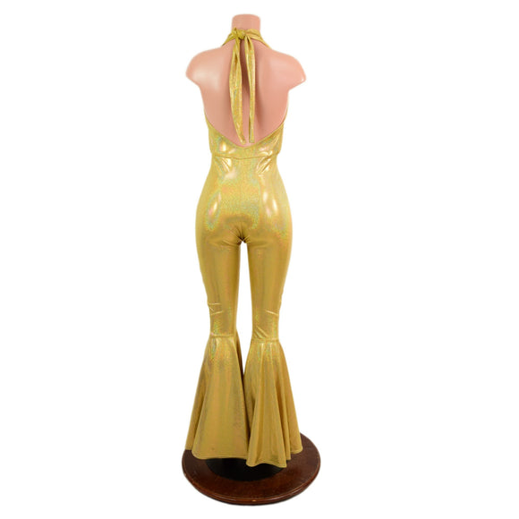 Josie Catsuit with Bell Bottom Flares in Gold Sparkly Jewel - Coquetry Clothing