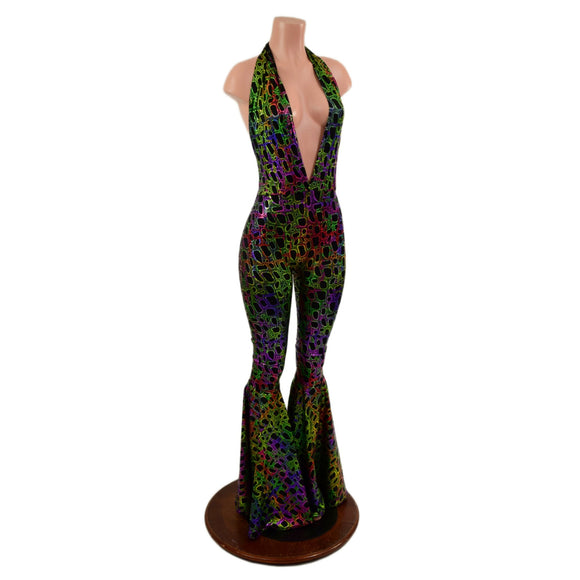 Josie Halter Bell Bottom Flare Catsuit in Poisonous - Coquetry Clothing
