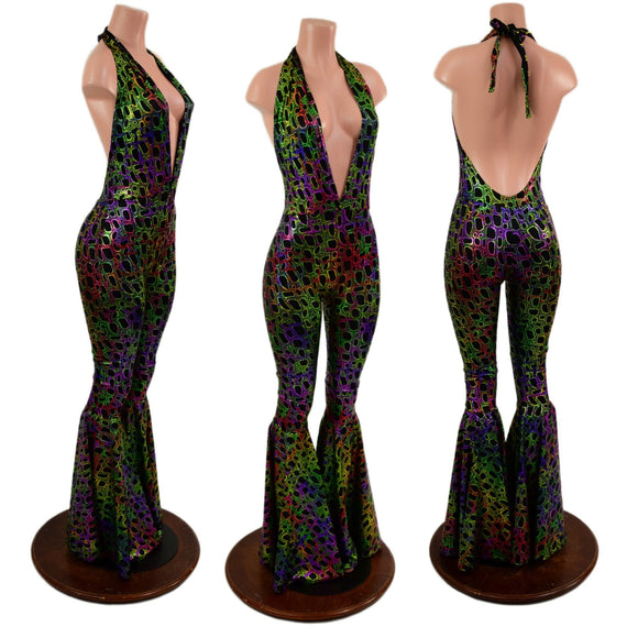 Josie Halter Bell Bottom Flare Catsuit in Poisonous - Coquetry Clothing