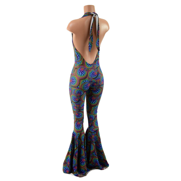 "Josie" Halter Bell Bottom Flare Catsuit in Radioactive - Coquetry Clothing