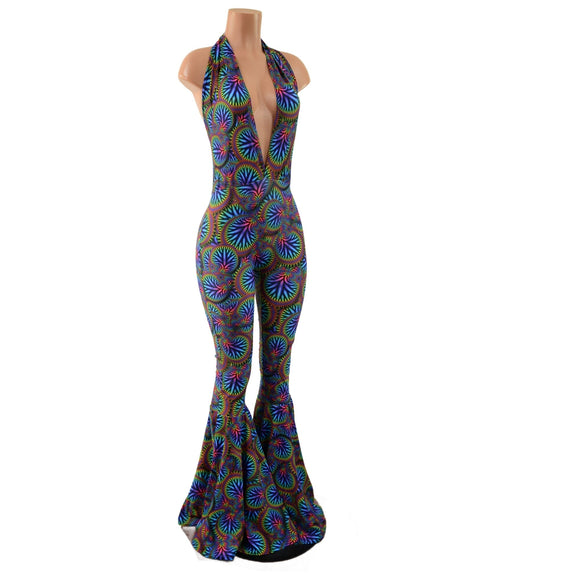 "Josie" Halter Bell Bottom Flare Catsuit in Radioactive - Coquetry Clothing