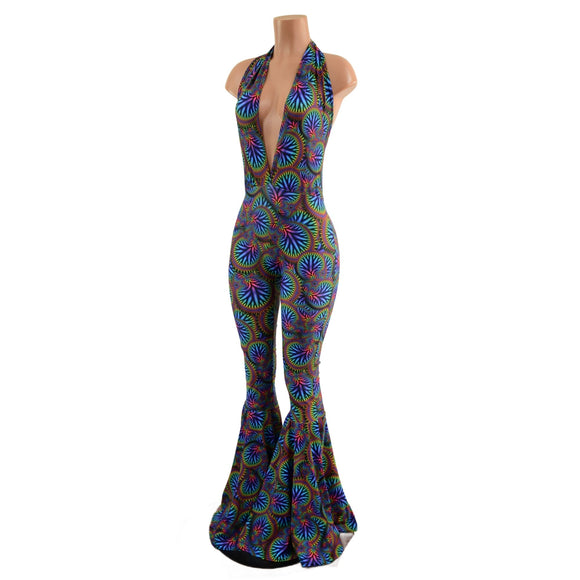"Josie" Halter Bell Bottom Flare Catsuit in Radioactive - Coquetry Clothing
