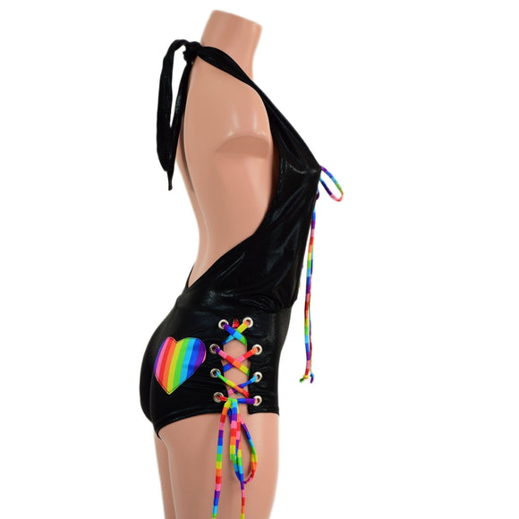 Josie Romper with Hip and Bodice Laceups and Heart Applique - Coquetry Clothing