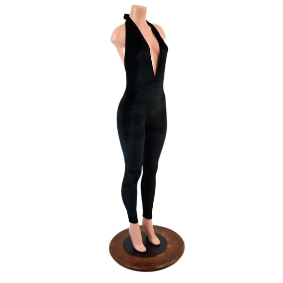 Josie Style Catsuit with Skinny Legs, in Black Velvet - Coquetry Clothing