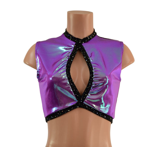 Keyhole Crop Top in Plumeria, with Star Noir Trim and Black Mesh Back - Coquetry Clothing