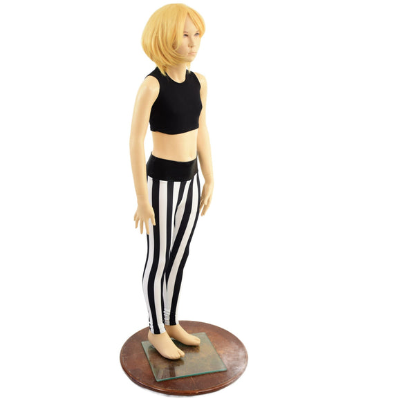 Kids Black and White Striped Leggings with Black Mystique Waistband - Coquetry Clothing