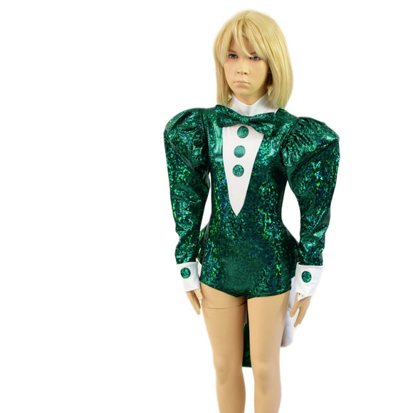 Kids Faux Tux Romper with Tails, Tie, and Turtleneck in Green Kaleidoscope - Coquetry Clothing