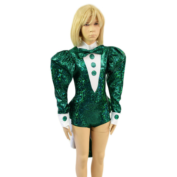 Kids Faux Tux Romper with Tails, Tie, and Turtleneck in Green Kaleidoscope - Coquetry Clothing