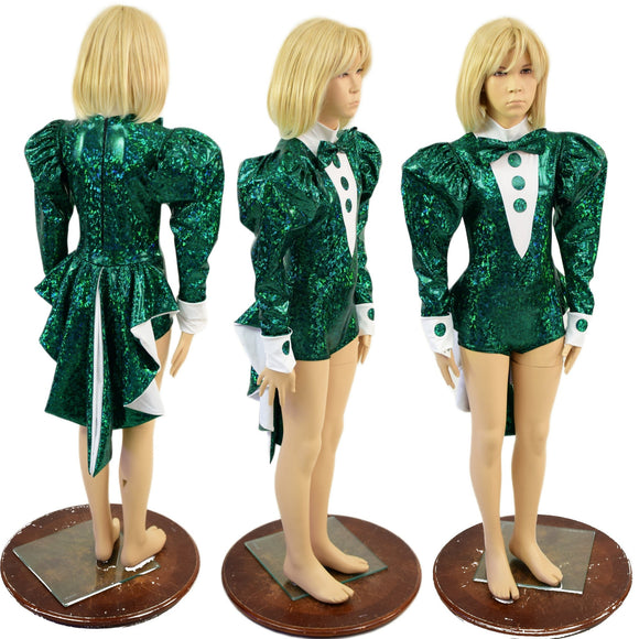 Kids Faux Tux Romper with Tails, Tie, and Turtleneck in Green Kaleidoscope - Coquetry Clothing