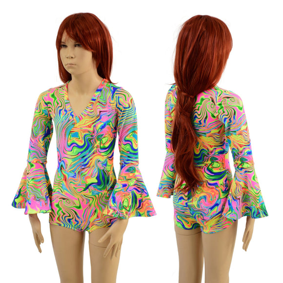 Kids Neon Flux UV Glow Trumpet Sleeve Romper - Coquetry Clothing