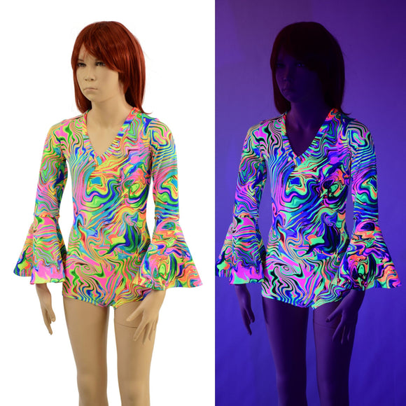 Kids Neon Flux UV Glow Trumpet Sleeve Romper - Coquetry Clothing