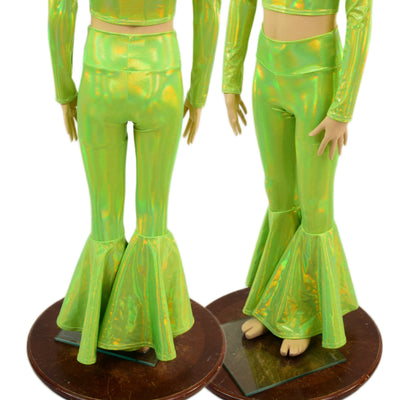 Kids Neon Lime Holographic Bell Bottom Leggings - Coquetry Clothing