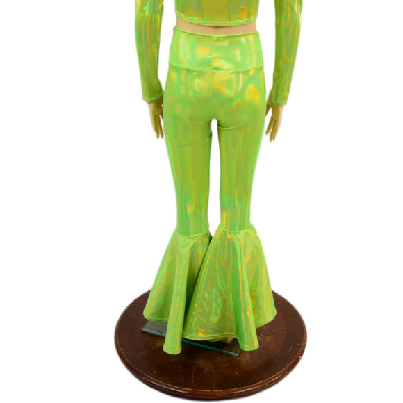 Kids Neon Lime Holographic Bell Bottom Leggings - Coquetry Clothing