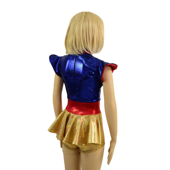 Kids Red, Blue and Gold Ruffle Rump Romper with Keyhole, and Contrast Waistband - Coquetry Clothing