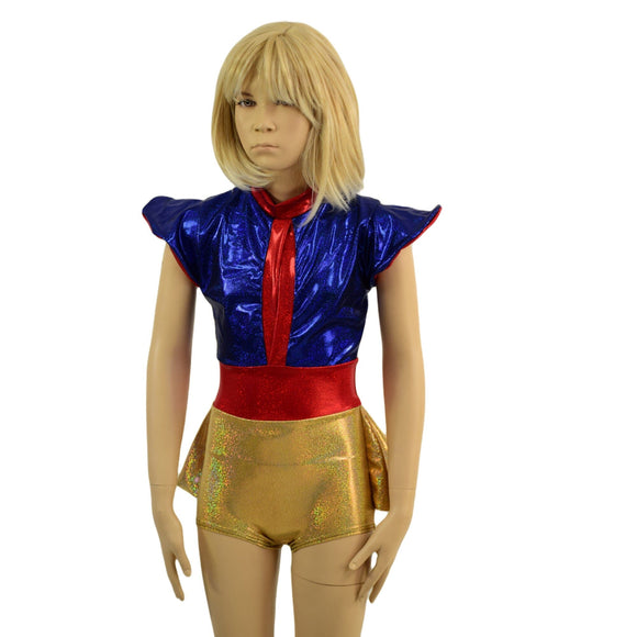Kids Red, Blue and Gold Ruffle Rump Romper with Keyhole, and Contrast Waistband - Coquetry Clothing