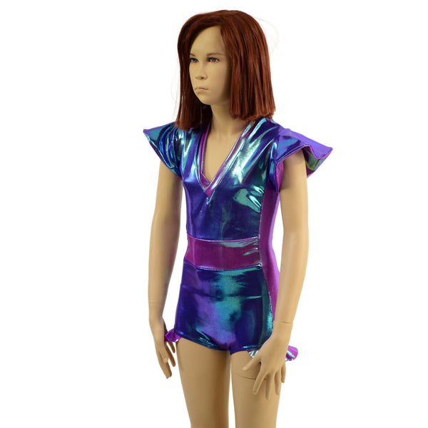 Kids V neck, Flip Sleeve, Side Panel Romper with Hip Ruffles - 2