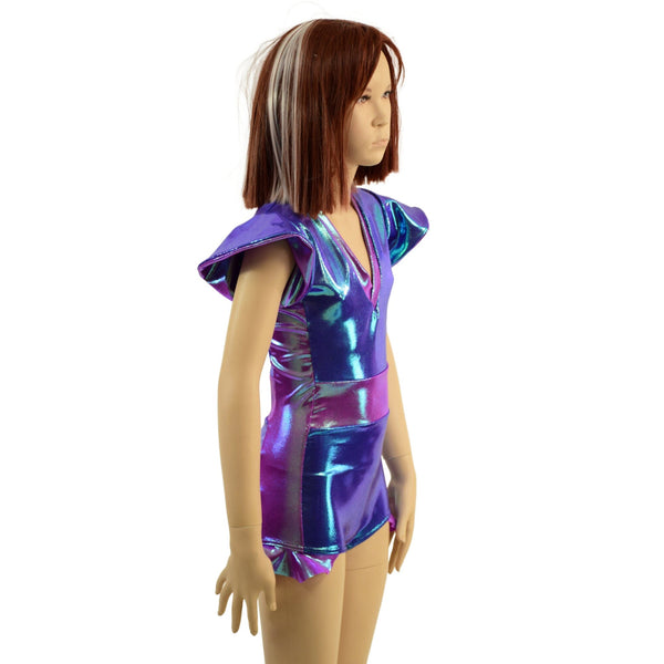 Kids V neck, Flip Sleeve, Side Panel Romper with Hip Ruffles - 5