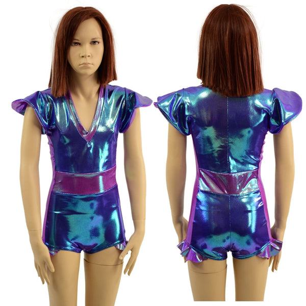 Kids V neck, Flip Sleeve, Side Panel Romper with Hip Ruffles - 1