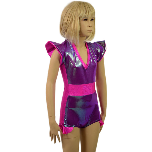 Kids V neck, Flip Sleeve, Side Panel Romper with Hip Ruffles - 5