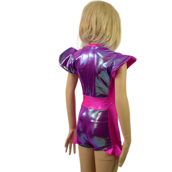 Kids V neck, Flip Sleeve, Side Panel Romper with Hip Ruffles - 2