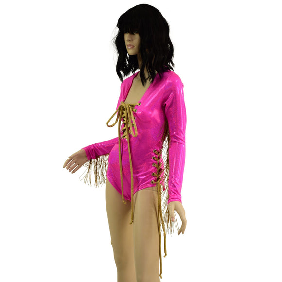 Lace Up Fringe Romper in Neon Pink and Gold - Coquetry Clothing