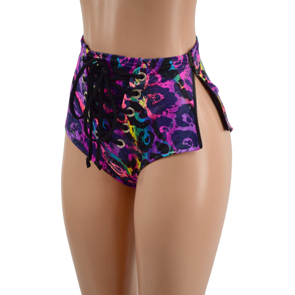 Lace Up Front Siren Shorts with Double Separating Hip Zippers - Coquetry Clothing