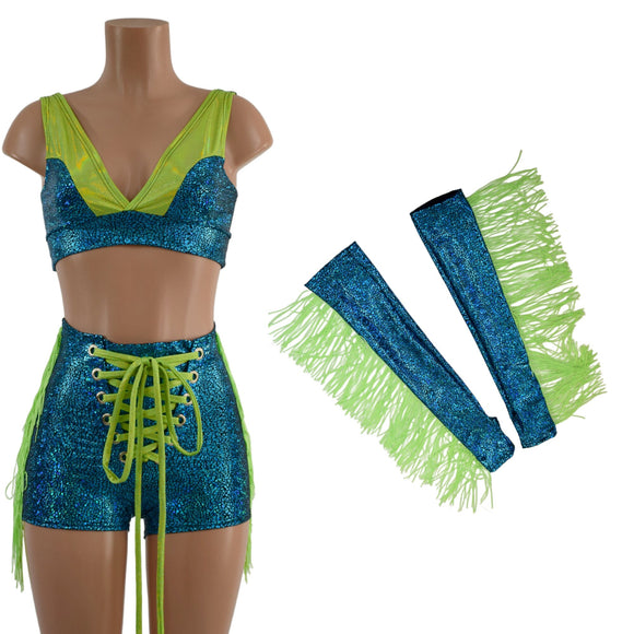 Lace Up Sailor Shorts with Fringe and Starlette Bralette Top - Optional Fingerless Gloves - Coquetry Clothing