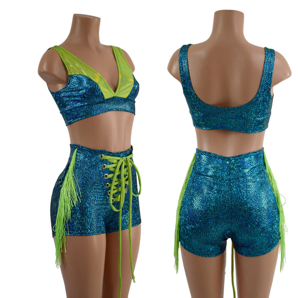 Lace Up Sailor Shorts with Fringe and Starlette Bralette Top - Optional Fingerless Gloves - Coquetry Clothing