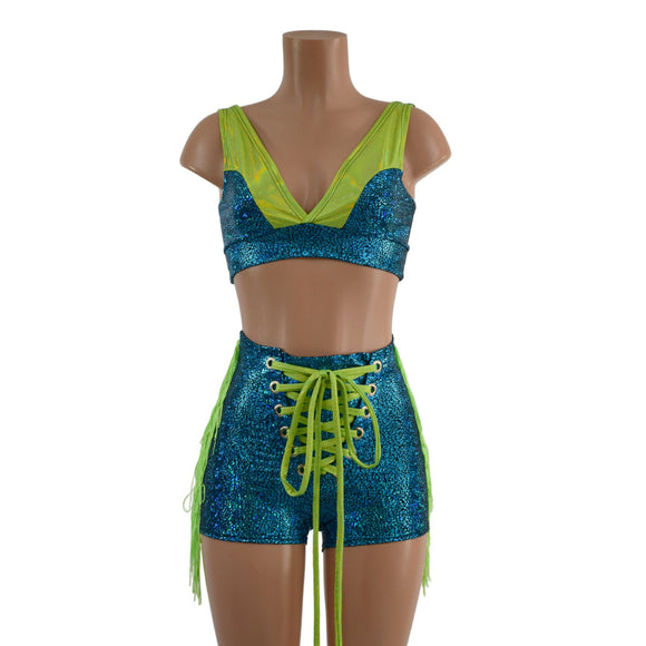 Lace Up Sailor Shorts with Fringe and Starlette Bralette Top - Optional Fingerless Gloves - Coquetry Clothing