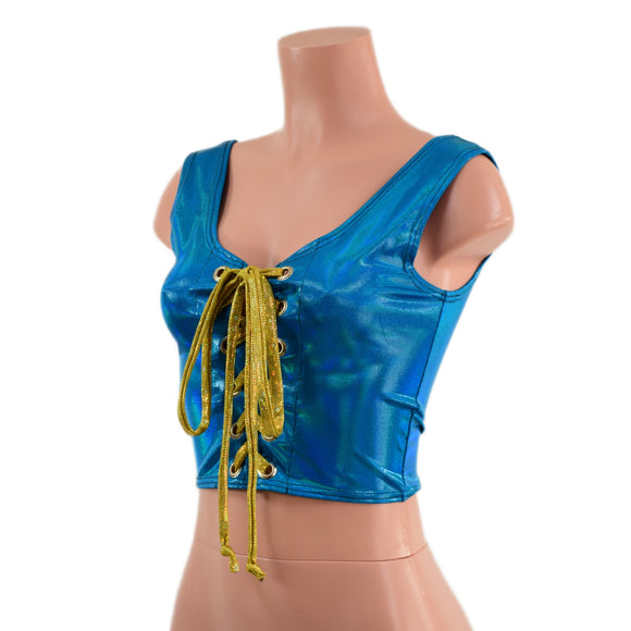 Laceup Crop Tank in Peacock Blue - Coquetry Clothing