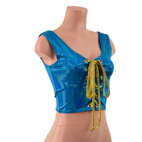 Laceup Crop Tank in Peacock Blue - Coquetry Clothing