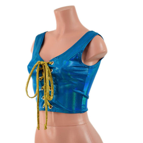 Laceup Crop Tank in Peacock Blue - Coquetry Clothing