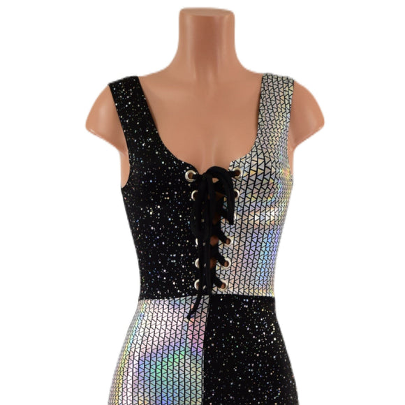 Laceup Front Quad Color Blocked Catsuit in Prism and Star Noir - Coquetry Clothing