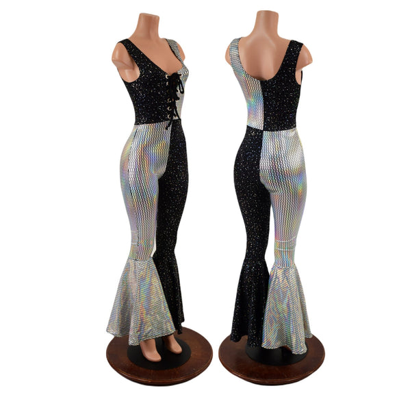 Laceup Front Quad Color Blocked Catsuit in Prism and Star Noir - Coquetry Clothing