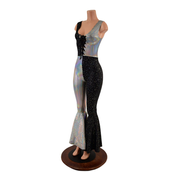 Laceup Front Quad Color Blocked Catsuit in Prism and Star Noir - Coquetry Clothing