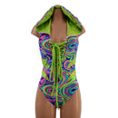Laceup Romper with Plunging V neckline, Hood, and Hip Arcs - Coquetry Clothing
