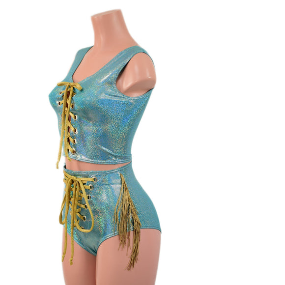 Laceup Siren Shorts and Crop Tank Set with Hip Fringe - Coquetry Clothing