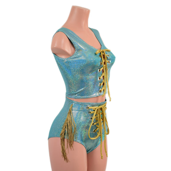 Laceup Siren Shorts and Crop Tank Set with Hip Fringe - Coquetry Clothing