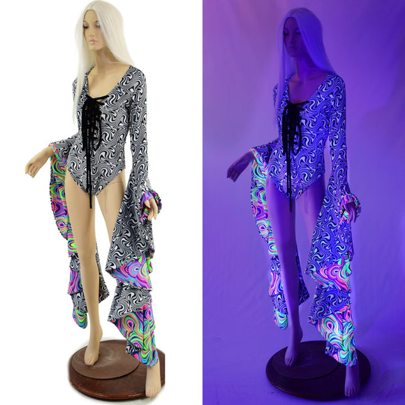 Laceup Sorceress Romper in Distortion Velvet and Neon Glow Worm - Coquetry Clothing