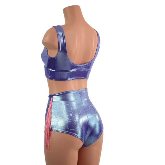 Lavender Ice Flowers and Fringe Siren Shorts and Bralette Set - Coquetry Clothing