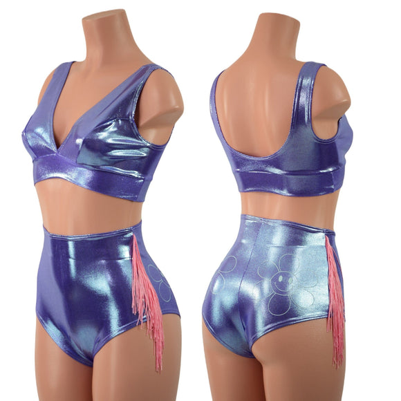 Lavender Ice Flowers and Fringe Siren Shorts and Bralette Set - Coquetry Clothing